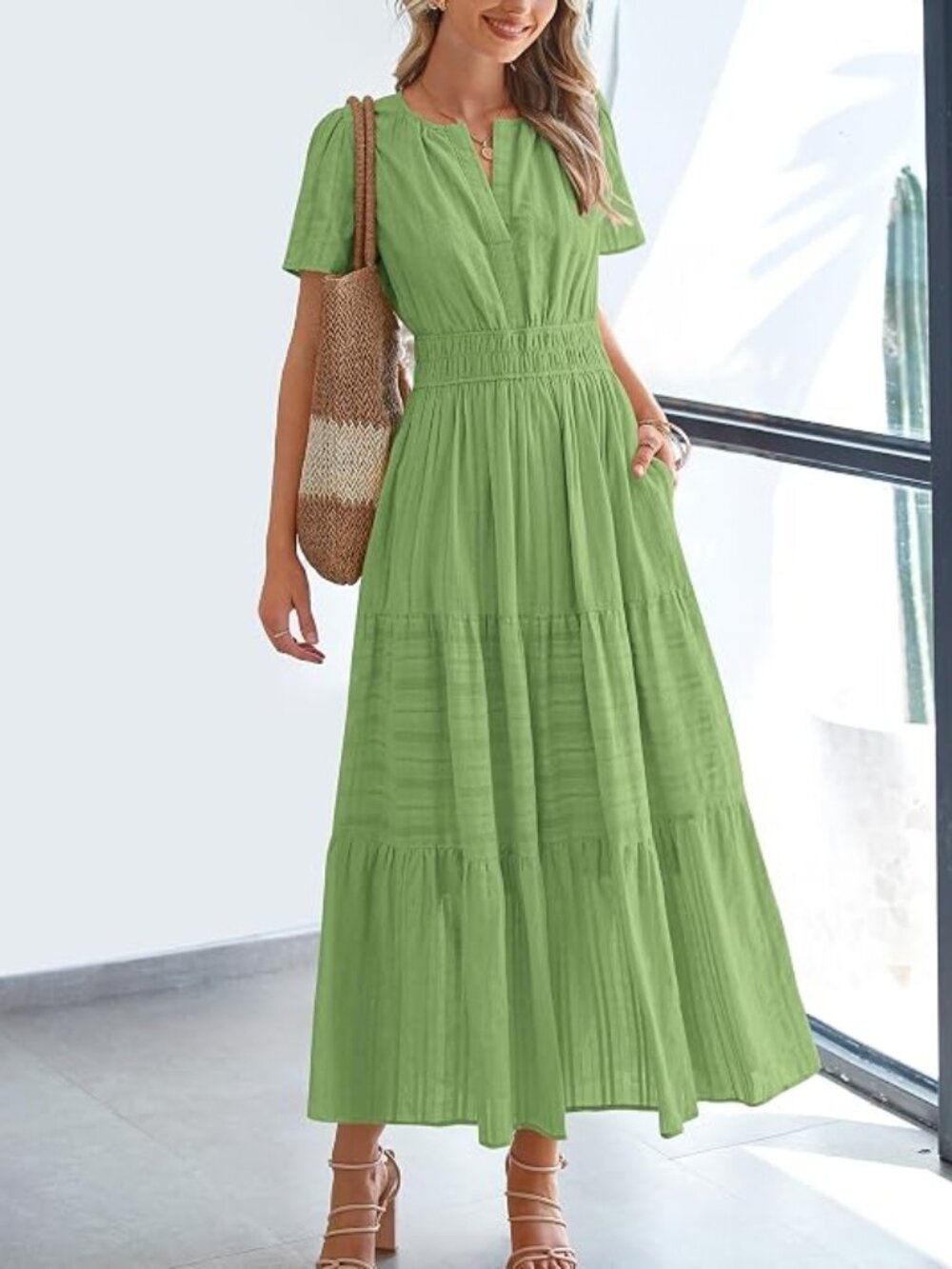 Womens Summer 2026 Casual Midi Maxi Dresses Lightweight Short Sleeve V Neck Elas